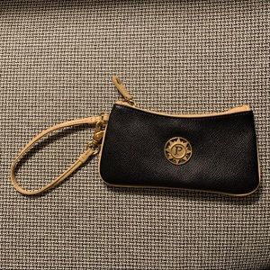PARAZUL black pebbled leather wristlet with gold trim